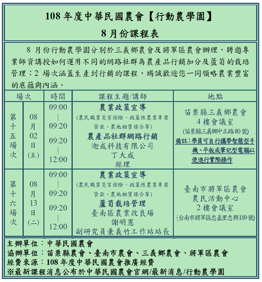 108年度中華民國農會 行動農學園 8月份課表